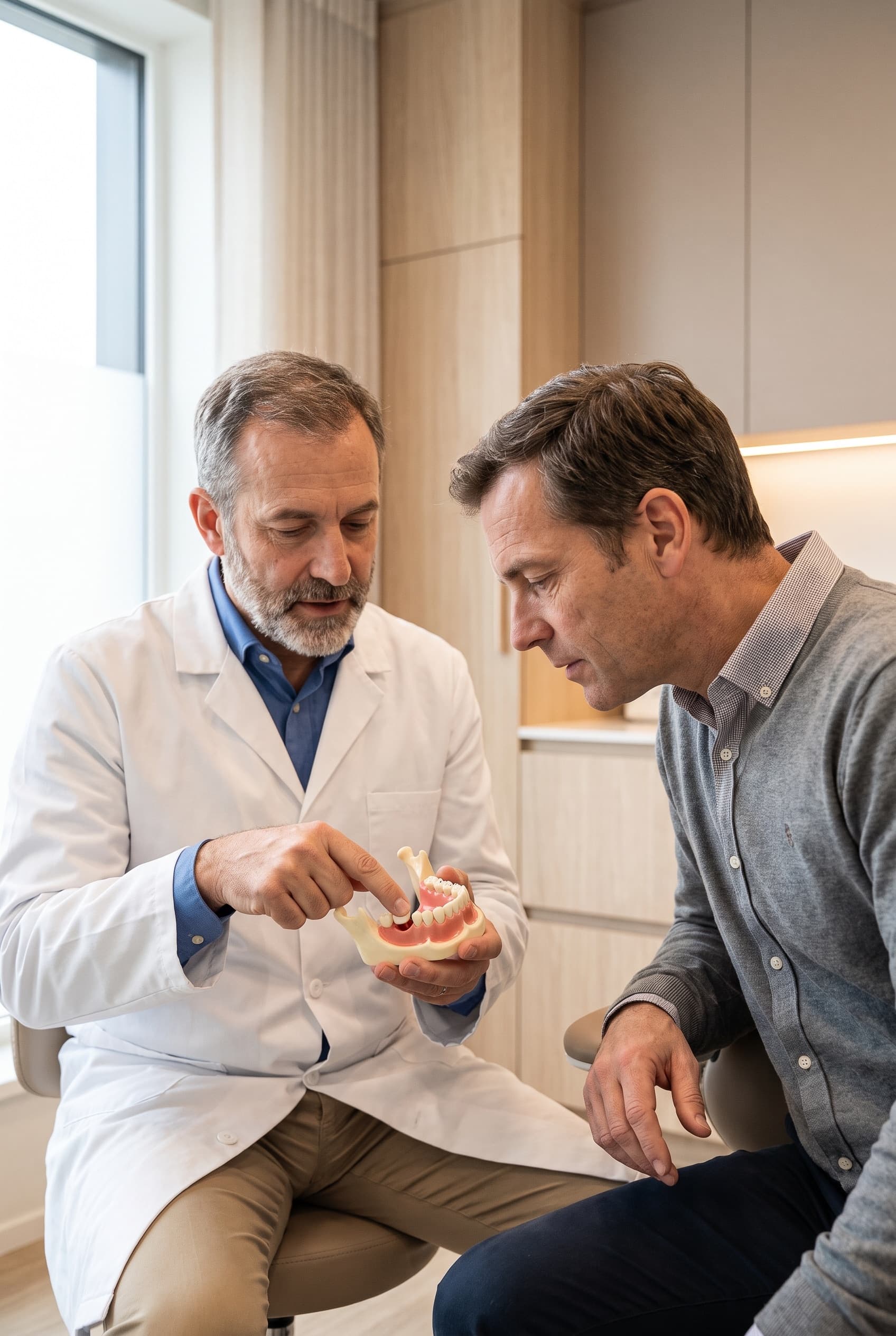 A dentist pointing out the gap in a jaw model while explaining a bone graft to a patient