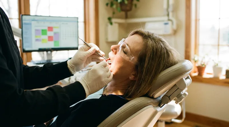 Dental hygienist cleaning around a patient's implant-supported crown during a maintenance visit