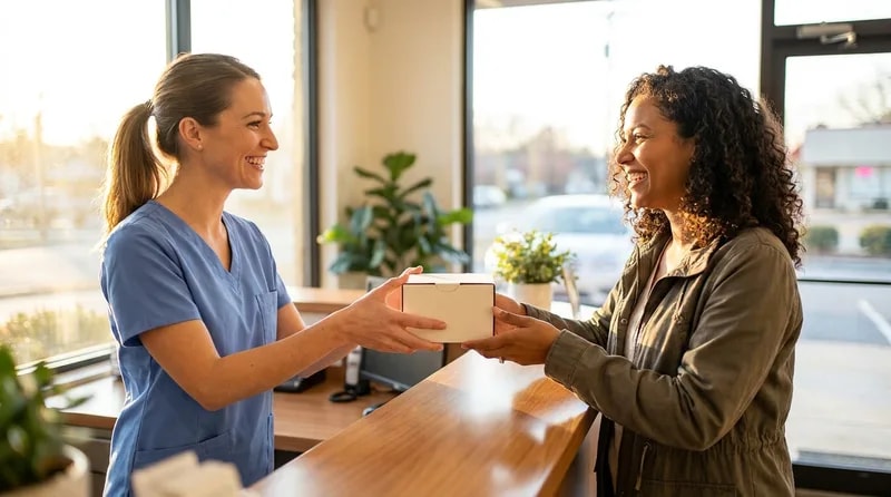 Dentist handing a patient a take-home whitening touch-up kit at the front desk