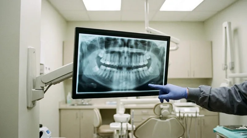 Panoramic dental x-ray on a chairside monitor showing angled wisdom teeth being assessed