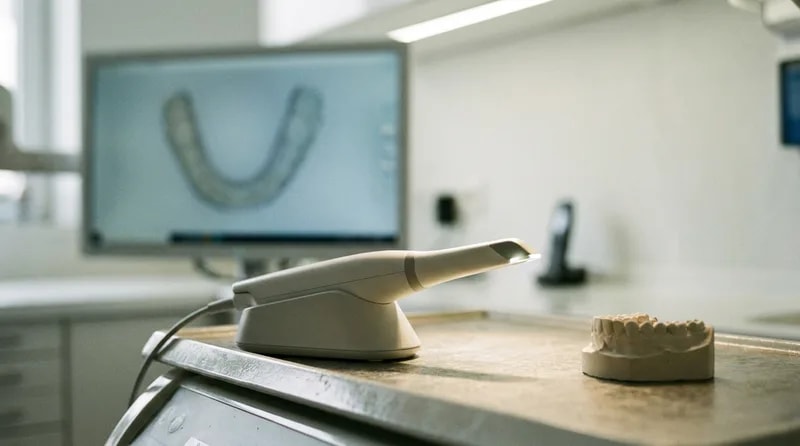 Intraoral scanner wand in its cradle beside a chairside screen and a traditional plaster model