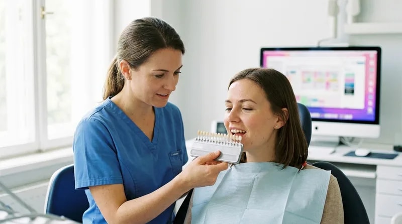 Dentist comparing shade guide options with a patient during a cosmetic dentistry consultation
