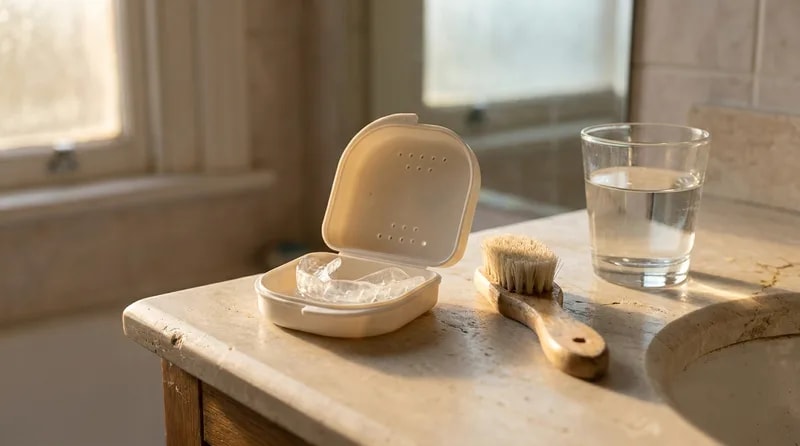 Night guard drying in an open ventilated case beside a soft cleaning brush and glass of water