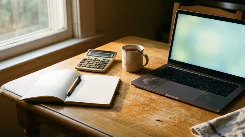 Notebook, calculator, and laptop set out to add up a year of expected dental costs