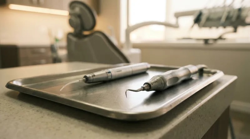 Dental laser handpiece and ultrasonic scaler side by side on a tray showing two gum treatment approaches