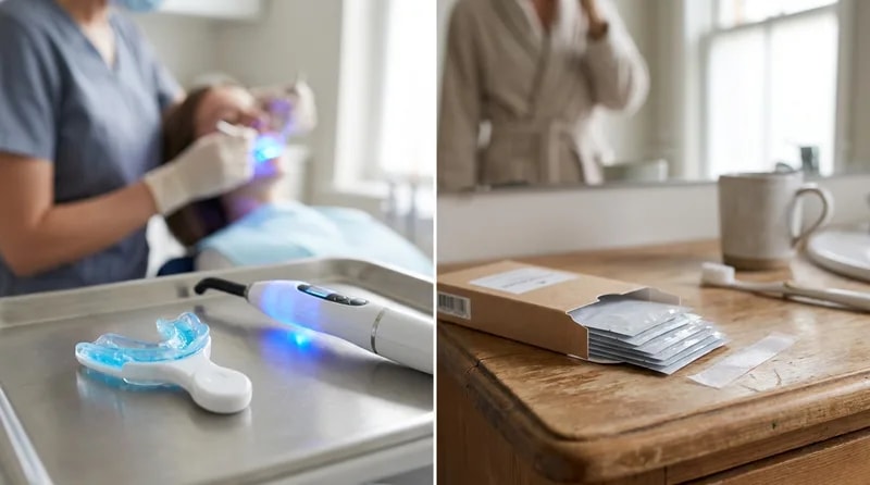 In-office whitening tray and curing light beside an at-home whitening strip package