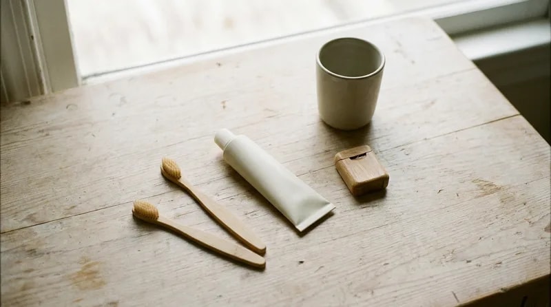 Children's toothbrushes, toothpaste, and floss laid out as upkeep that keeps sealants intact