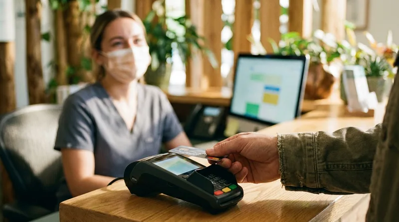 Patient tapping a card to pay at a dental office front desk
