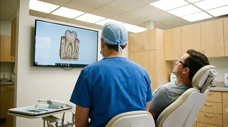 Dentist examining a 3D scan of a cracked tooth on a chairside monitor in a modern treatment room