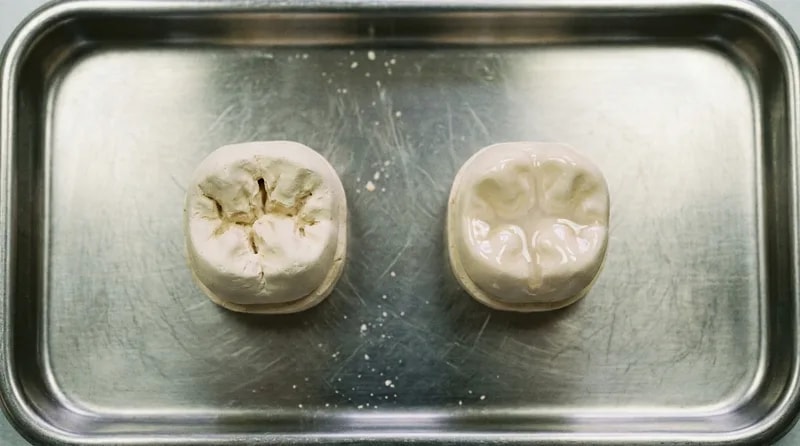Unsealed and sealed molar models side by side showing grooves filled level by a sealant coating
