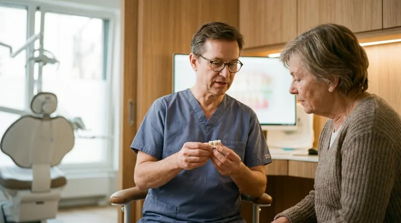Dentist showing a patient a porcelain crown used to repair a cracked root canal tooth