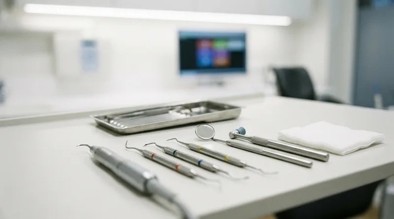 Hygienist's tray with ultrasonic scaler, hand scalers, and polishing cup set out for a cleaning