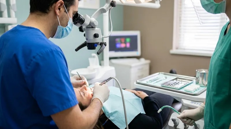 Dentist performing root canal treatment under a microscope in a modern Van Nuys treatment room