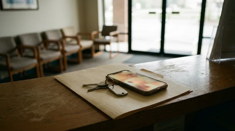 Referral folder, keys, and phone on a counter representing a trip to a second dental office