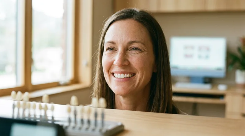 Patient with a confident, even smile after cosmetic veneer treatment in a modern dental office
