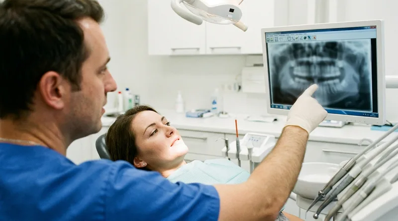 Dentist and patient reviewing a dental X-ray to check for a cracked tooth after a root canal
