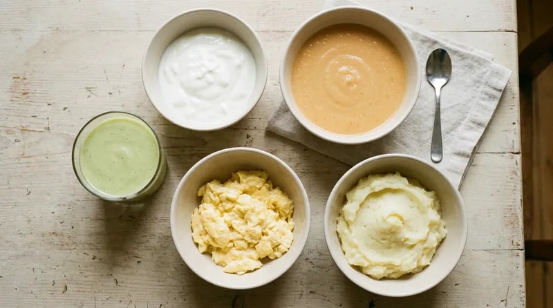 Soft foods including yogurt, soup, mashed potato, and eggs laid out for post-extraction recovery