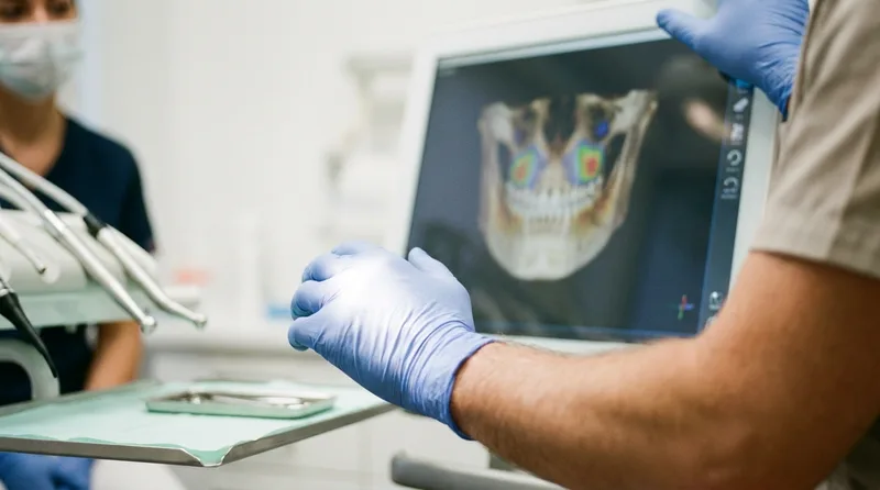 Dentist examining a 3D CT scan of a patient's jawbone before dental implant placement