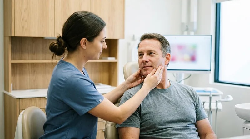 Dental assistant checking an adult patient's jaw for swelling during a wisdom tooth emergency assessment