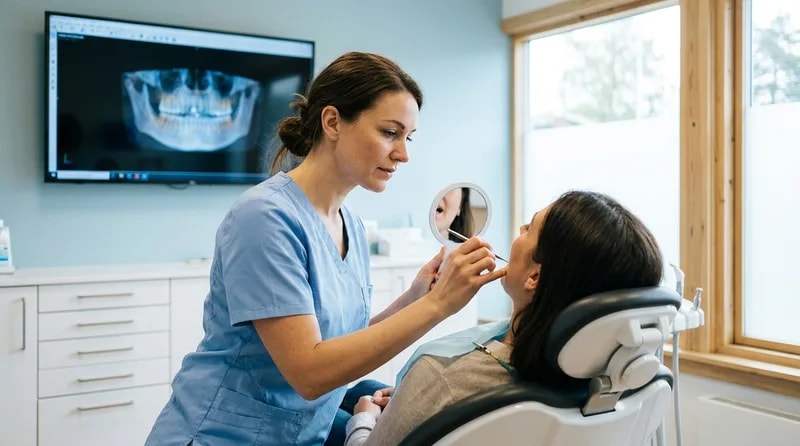 Dentist examining a patient's tooth during an emergency dental visit in Van Nuys