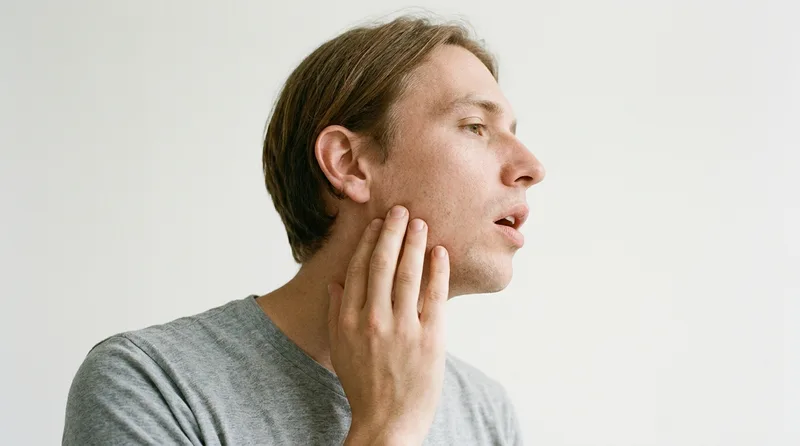 Close-up of a person gently pressing fingertips against the jaw joint to check for tenderness or movement