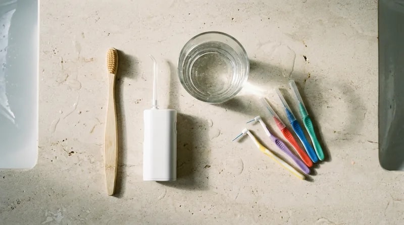 Soft brush, water flosser, and interdental brushes laid out for long-term dental implant care