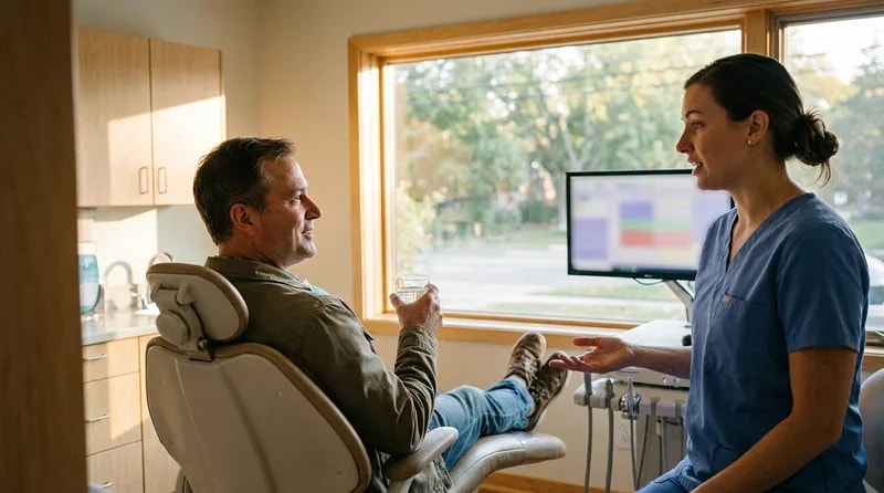 Patient resting comfortably in a dental chair while an assistant explains root canal aftercare