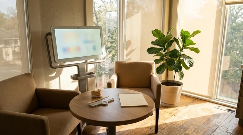 Consultation corner set up with a study model, shade guide, and screen before a cosmetic discussion