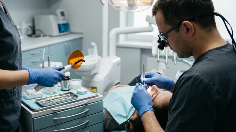 Dentist layering a tooth-colored composite filling while an assistant prepares the curing light