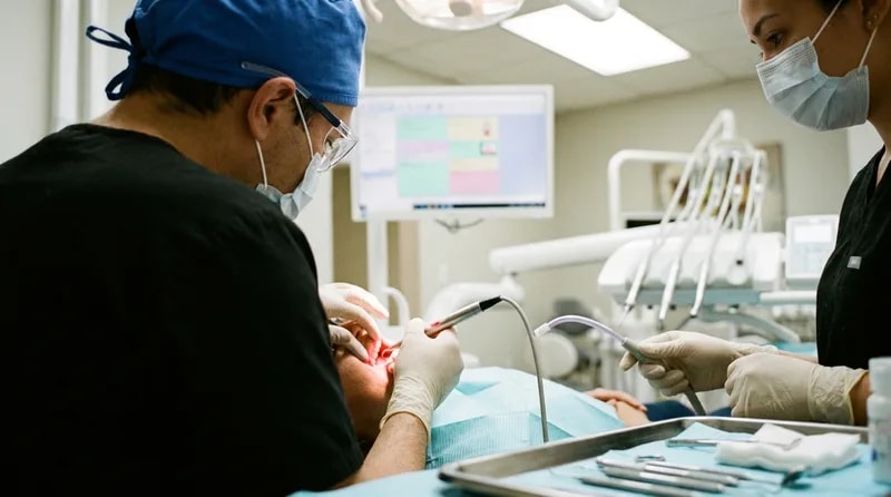 Clinician guiding a dental laser along the gumline while an assistant provides suction