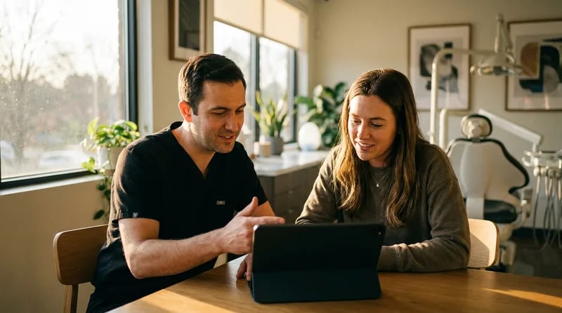 Dentist reviewing a patient's dental scan results during a smile makeover consultation