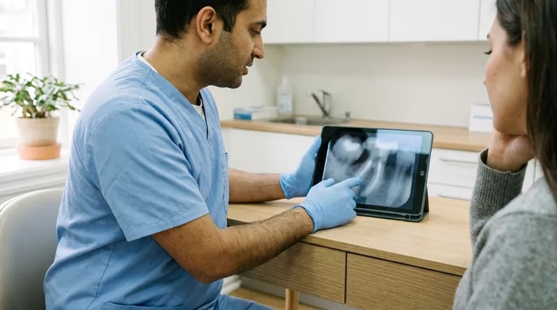 Endodontist examining a tooth on a digital screen during a root canal follow-up visit