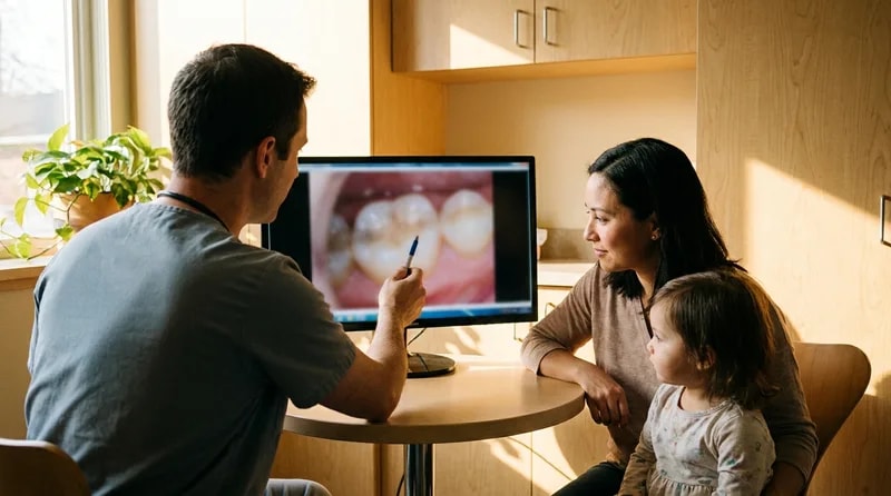 Dentist explaining a finding on a chairside screen to a parent and child after a checkup