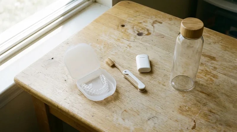 Aligner case, travel toothbrush, floss, and water bottle carried through a day with clear aligners