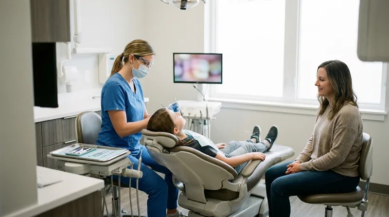 Hygienist completing a back-to-school dental checkup for a child while a parent watches nearby