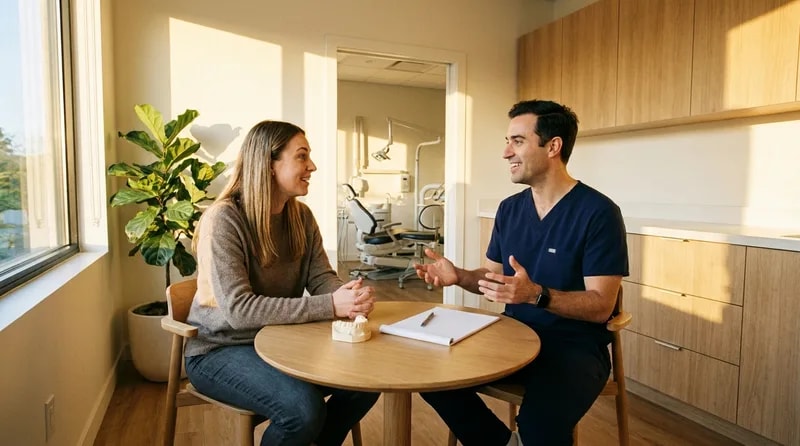 Patient asking questions across a consultation table during a cosmetic dentistry appointment