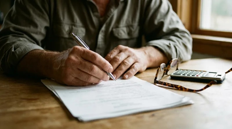 Hands with a pen and calculator reviewing the terms of a dental financing agreement before signing
