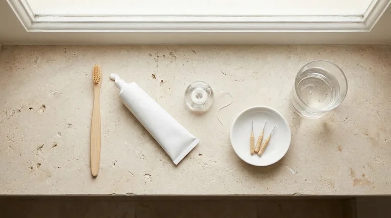 Toothbrush, floss, and interdental brushes laid out as the daily routine between dental cleanings
