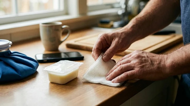 Hands preparing gauze, milk, and a cold pack for dental emergency first aid at home