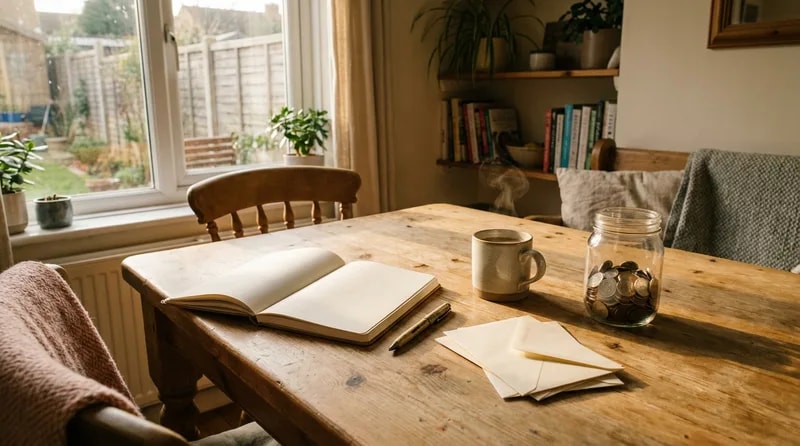 Kitchen table set up with a notebook and coins for working out whether a monthly payment fits