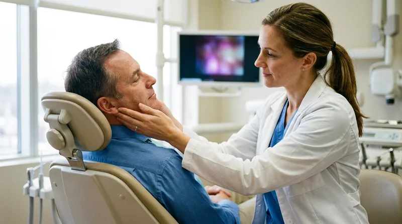 Dentist examining a patient's jaw joint during a consultation in a dental treatment room