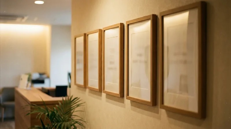 Row of framed dental credentials on a practice wall, the kind worth checking before booking
