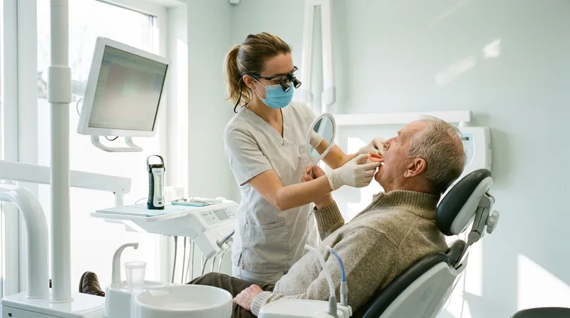 Dentist adjusting a denture fit for a senior patient in a treatment room