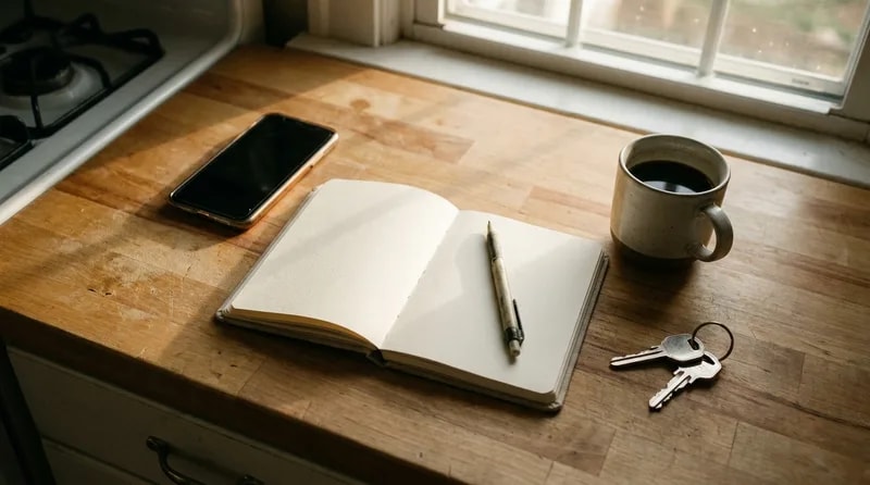 Phone, blank notebook, and pen on a counter ready for questions before calling a dental practice