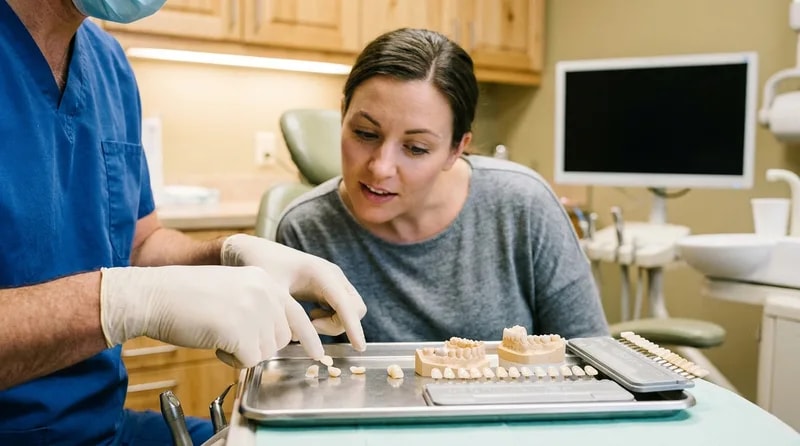 Dentist showing a patient physical tooth model samples and shade tabs on a tray