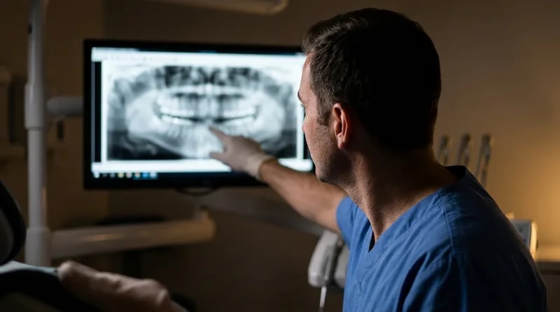Dentist reviewing a panoramic jaw scan on a monitor to check impacted wisdom tooth position