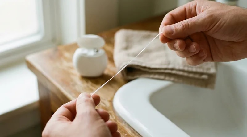 Close-up of dental floss held taut over a bathroom basin during a daily flossing routine