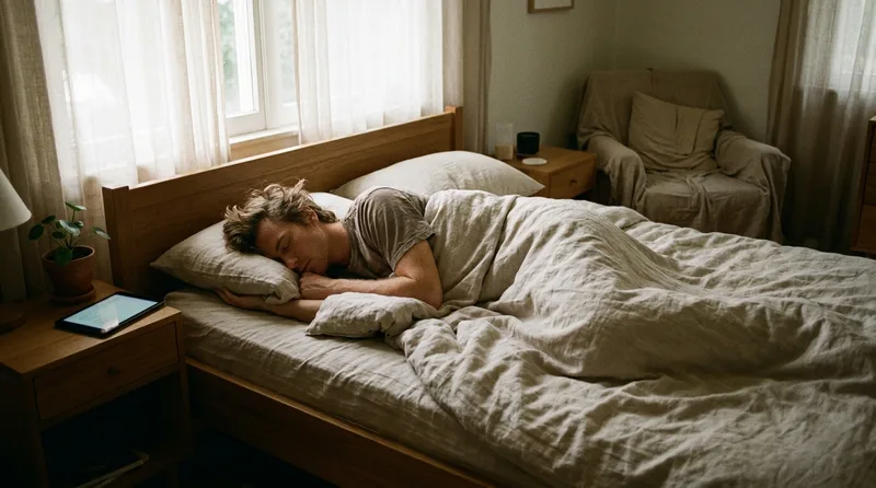 Person sleeping on their side with their jaw resting against the pillow in soft morning light