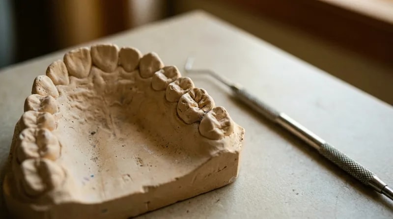 Close-up of deep grooves on a back molar in a child's dental model before sealants are placed