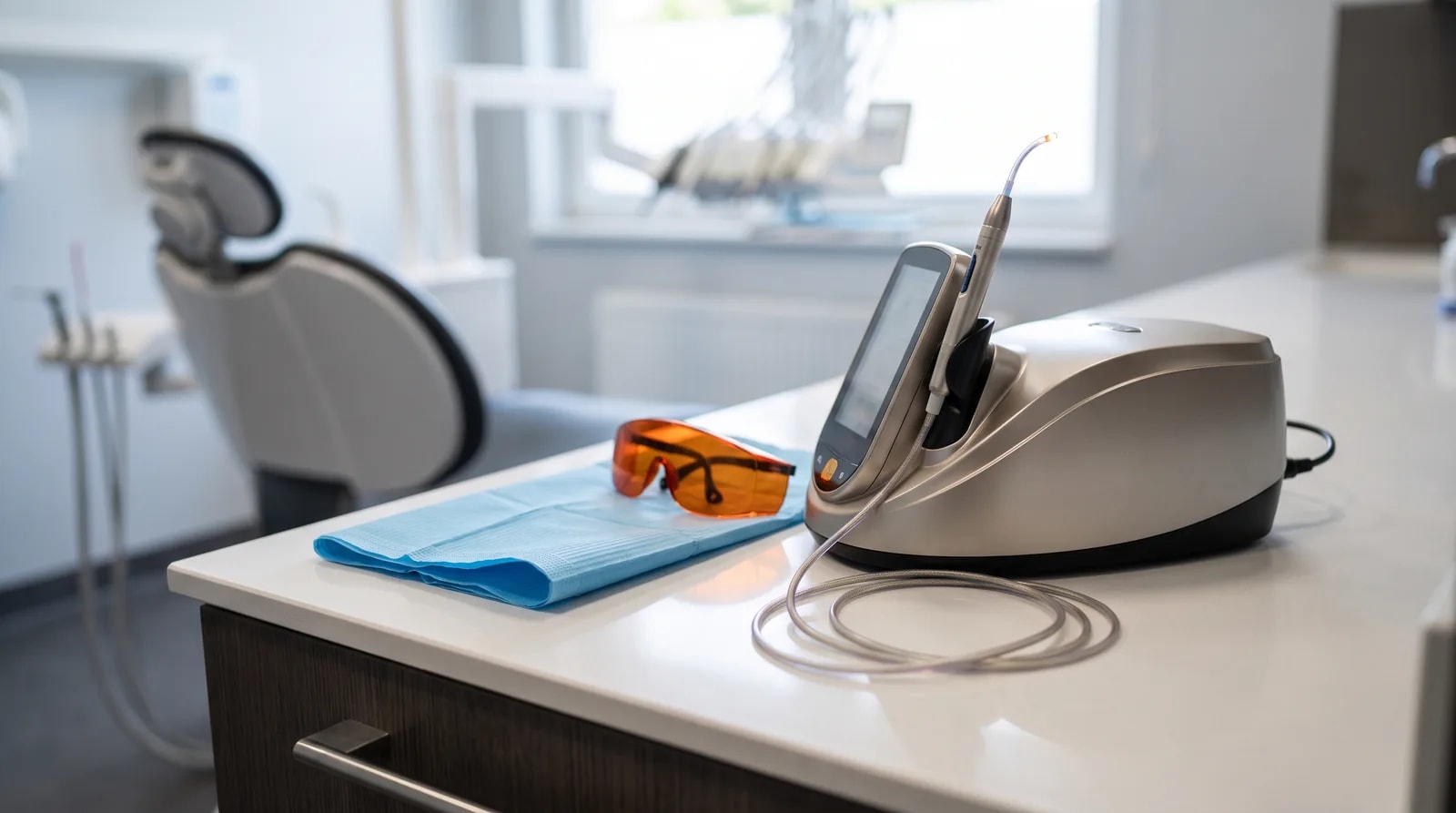 Dental soft-tissue laser unit and fibre-optic handpiece ready in a modern treatment room